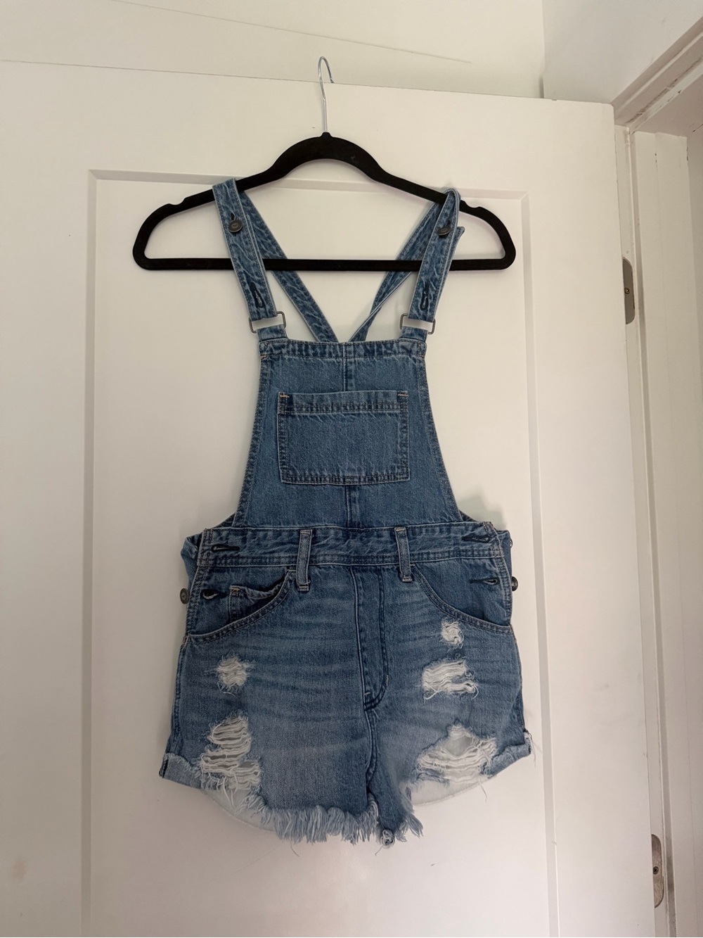 Hollister Light Blue Distressed Denim Short Overalls